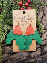 Load image into Gallery viewer, Genuine Leather Earrings - Christmas Holly - Red and Green - Statement Earrings - Textured Leather - Holly

