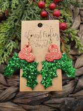 Load image into Gallery viewer, Genuine Leather Earrings - Christmas Holly - Red and Green - Statement Earrings - Metallic Leather - Glitter - Textured Leather - Holly
