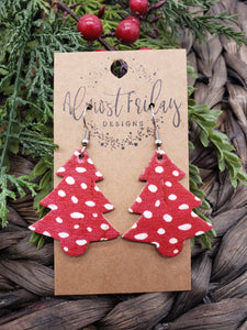 Genuine Leather Earrings - Christmas Tree - Christmas Tree Earrings - Dalmatian Print - Spotted  Earrings - Statement Earrings - Animal Print - Red - White