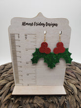 Load image into Gallery viewer, Genuine Leather Earrings - Christmas Holly - Red and Green - Statement Earrings - Metallic Leather - Glitter - Textured Leather - Holly
