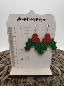 Genuine Leather Earrings - Christmas Holly - Red and Green - Statement Earrings - Metallic Leather - Glitter - Textured Leather - Holly