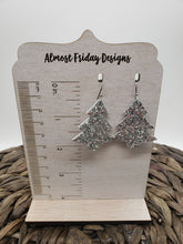 Load image into Gallery viewer, Genuine Leather Earrings - Christmas Tree - Reversible - Statement Earrings - Metallic Leather - Glitter - Silver - Textured Leather - Textured Leather
