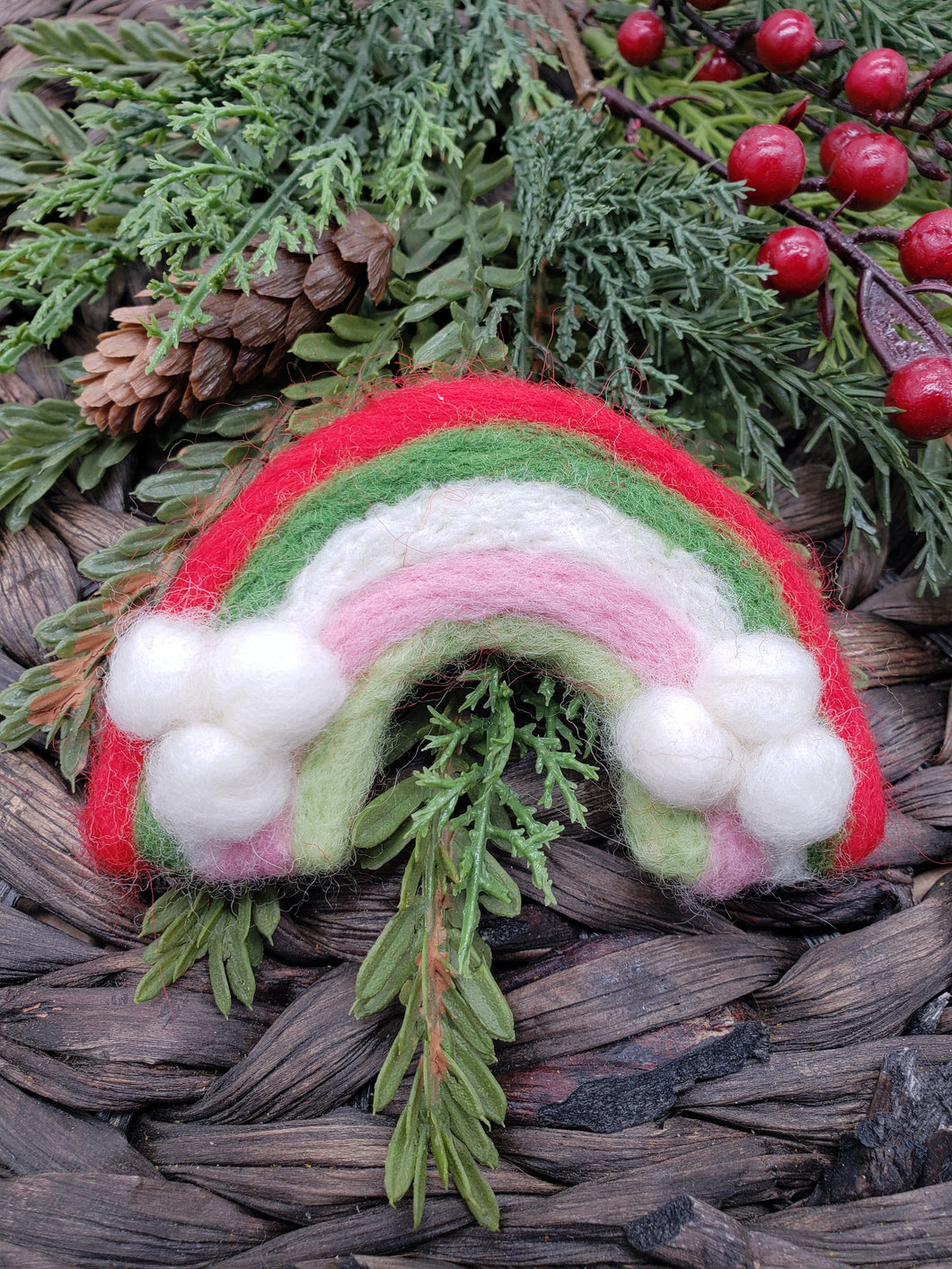 Felted Wool - Felted Wool Hair Clip - Rainbow - Christmas Rainbow - Hair Accessory - Alligator Clip - 3.5 inch - Red - Green - Pink - White