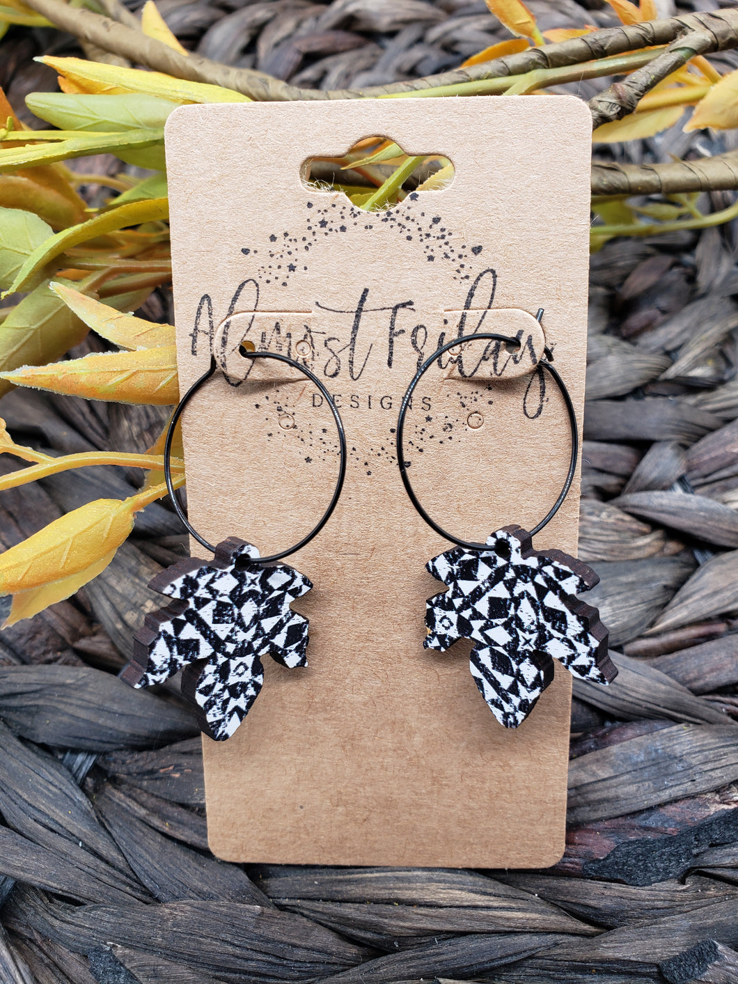 Wood Earrings - Leaf - Statement Earrings - Fall Leaf - Fall Earrings - Maple Leaf - Black and White - Hoop Earrings