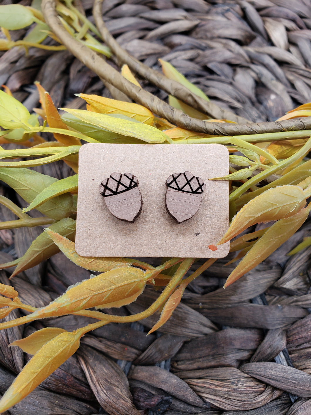 Wood Earrings - Stud Earrings - Acorn - Fall Earrings - Studs - Statement Earrings - Engraved