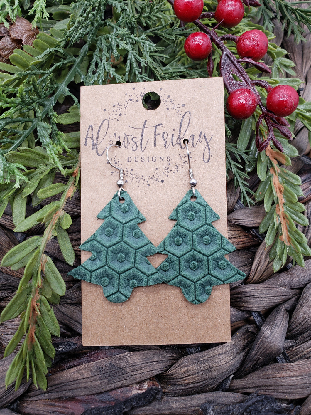 Genuine Leather Earrings - Christmas Trees - Green - Christmas Earrings - Winter - Statement Earrings - Tree - Honeycomb