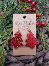 Load image into Gallery viewer, Genuine Leather Earrings - Christmas Tree - Reversible - Statement Earrings - Metallic Leather - Glitter - Red - Textured Leather - Textured Leather
