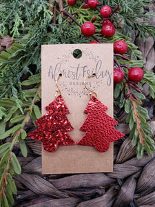 Genuine Leather Earrings - Christmas Tree - Reversible - Statement Earrings - Metallic Leather - Glitter - Red - Textured Leather - Textured Leather
