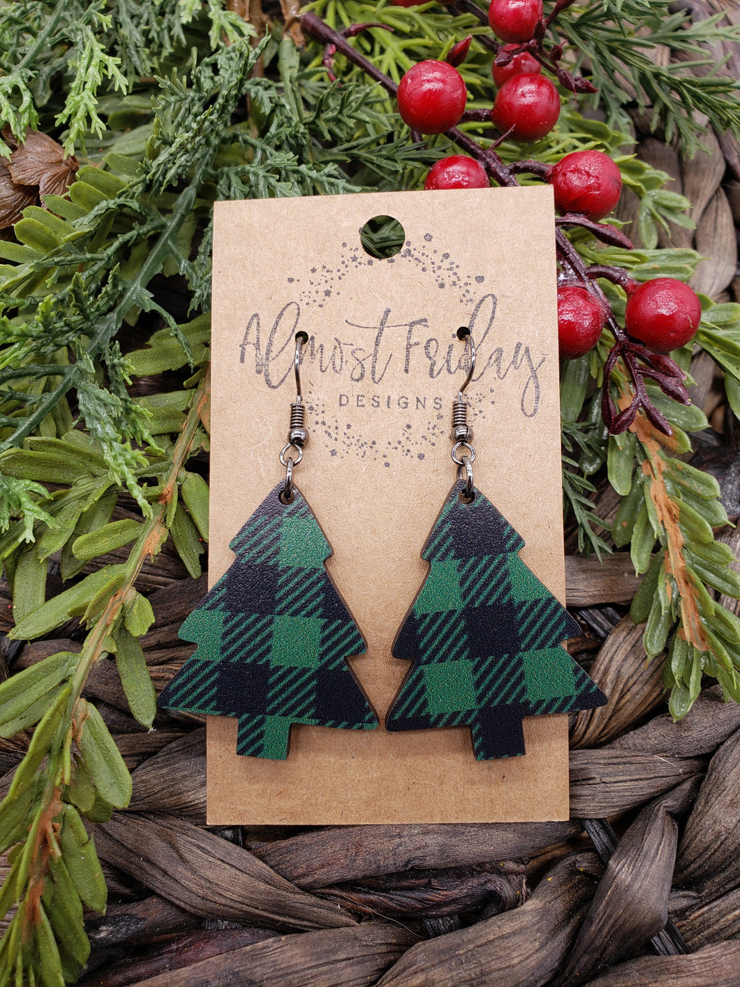 Wood Earrings - Christmas Earrings - Christmas Tree - Winter - Cut Out Earrings - Green and Black - Buffalo Check - Statement Earrings