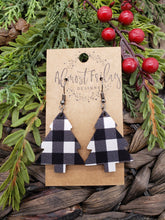 Load image into Gallery viewer, Wood Earrings - Christmas Tree - Christmas Tree Earrings - Buffalo Check - Fall Earrings - Statement Earrings - Black and White
