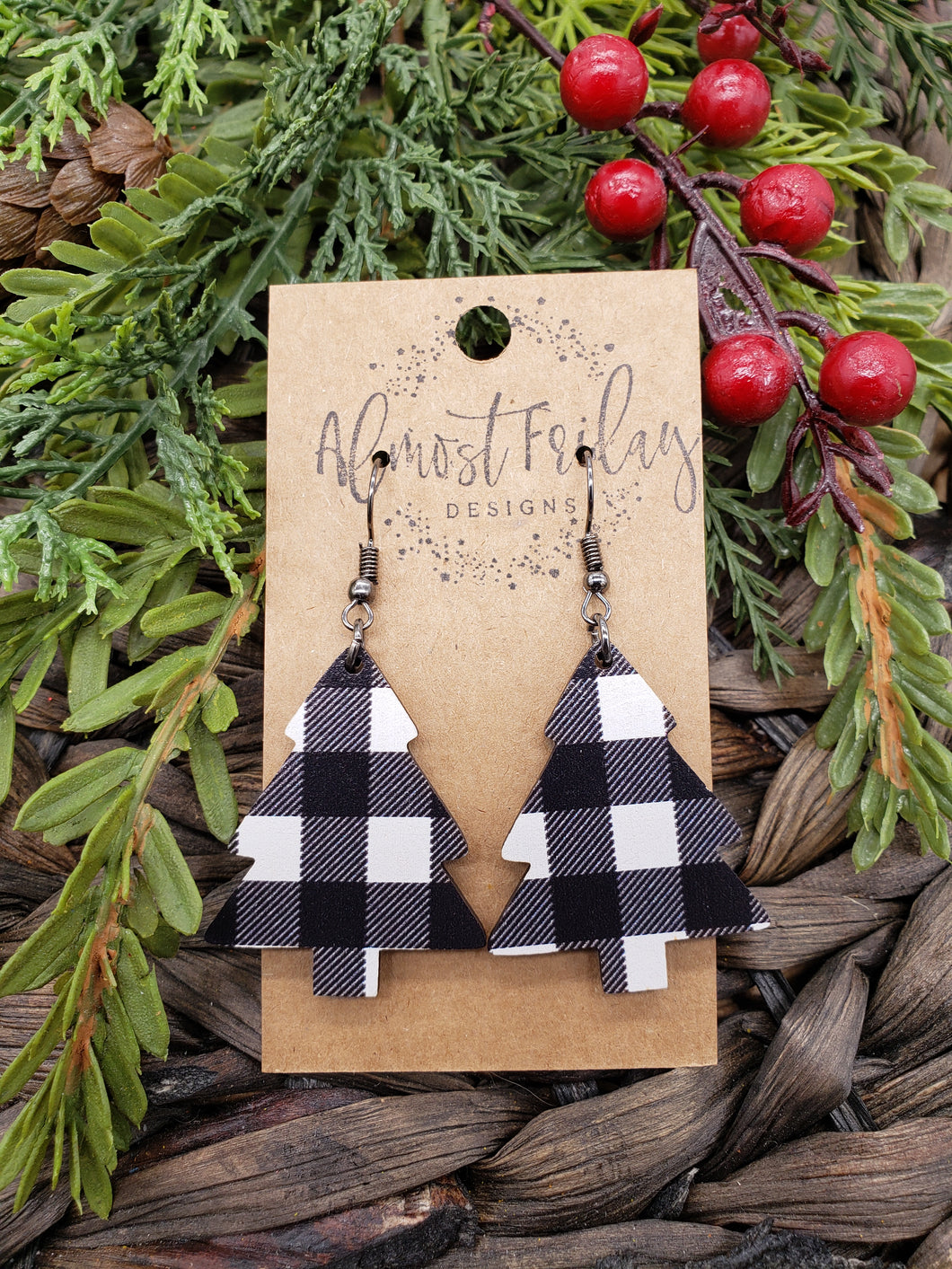 Wood Earrings - Christmas Tree - Christmas Tree Earrings - Buffalo Check - Fall Earrings - Statement Earrings - Black and White