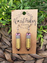 Load image into Gallery viewer, Wood Earrings - Back to School - School Earrings - Teacher Earrings - Pencils - Hand Painted - Statement Earrings
