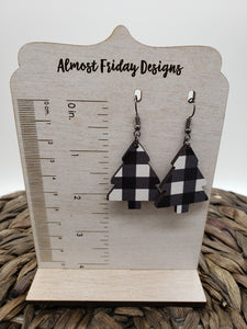 Wood Earrings - Christmas Tree - Christmas Tree Earrings - Buffalo Check - Fall Earrings - Statement Earrings - Black and White