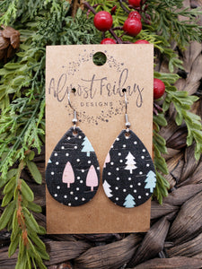 Genuine Leather Earrings - Christmas Trees - Christmas Earrings - Winter - Teardrop - Statement Earrings - Navy - Pink - Blue - Holiday Earrings