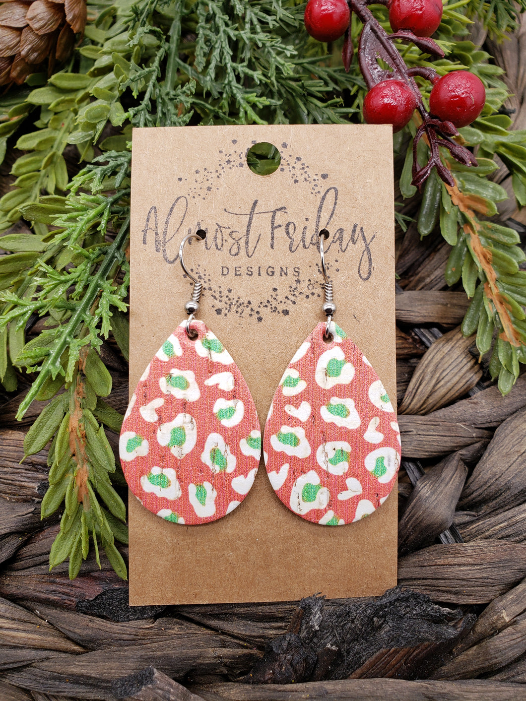 Genuine Leather Earrings - Teardrop - Leopard Print - Green - Red - White - Leopard Earrings - Animal Earrings - Christmas Leopard - Christmas Earrings