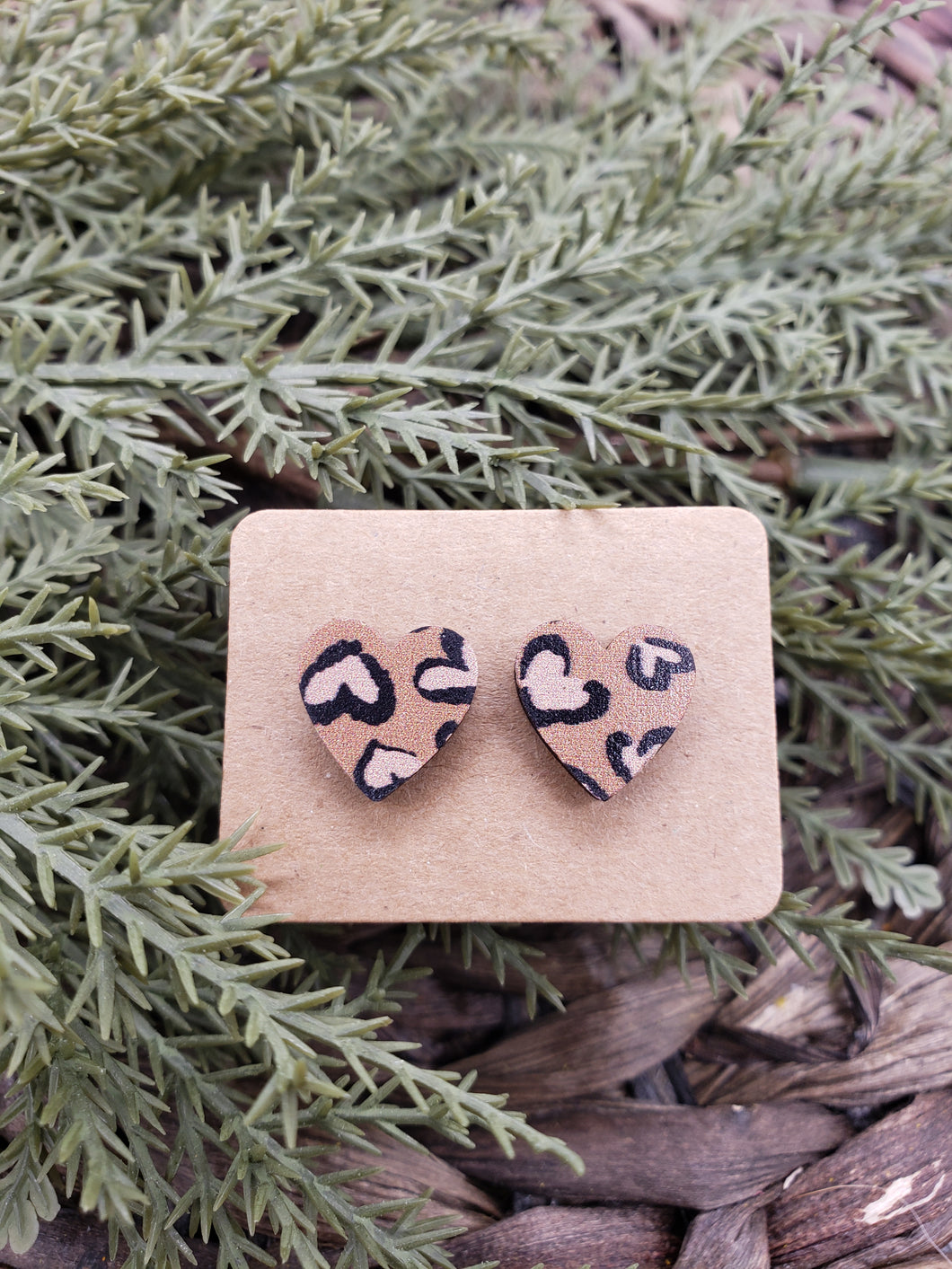 Wood Earrings - Hearts - Studs - Leopard - Animal Print - Valentine's Day - Tan - Black - Pink - White - Heart Earrings
