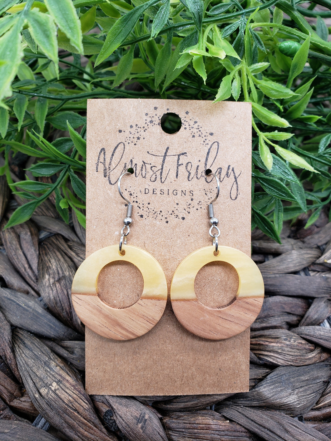 Wood Earrings - Circle - Resin - Pearl - Yellow - Statement Earrings - Round - Walnut