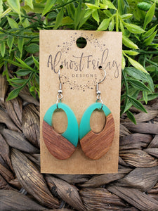 Wood Earrings - Oval - Resin - Teal - Statement Earrings - Round - Walnut