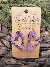 Load image into Gallery viewer, Genuine Leather Earrings - Hearts - Purple and Gold - Valentine&#39;s Day - Textured Leather - Heart Earrings
