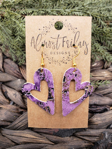 Genuine Leather Earrings - Hearts - Purple and Gold - Valentine's Day - Textured Leather - Heart Earrings