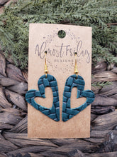 Load image into Gallery viewer, Genuine Leather Earrings - Hearts - Teal - Braided Leather - Textured - Valentine&#39;s Day - Textured Leather - Heart Earrings
