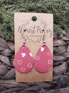 Genuine Leather Earrings - Teardrop - Red - White - Pink - Valentine's Day - Hearts - Statement Earrings