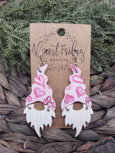 Genuine Leather Earrings - Valentine's Day Earrings - Gnome - Winter - Cut Out Earrings - Pink - White - Hearts - Statement Earrings