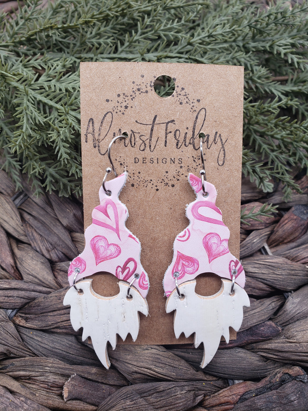 Genuine Leather Earrings - Valentine's Day Earrings - Gnome - Winter - Cut Out Earrings - Pink - White - Hearts - Statement Earrings