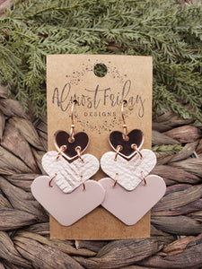Genuine Leather Earrings - Hearts - Rose Gold - Acrylic Heart - Blush - Cream - Metallic Heart - Metallic Leather - Leopard - Animal Print - Cork - Textured - Valentine's Day - Textured Leather - Heart Earrings
