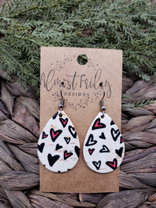 Genuine Leather Earrings - Teardrop - Hearts - Red - Black - White - Valentine's Day - Textured Leather - Heart Earrings