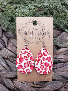 Genuine Leather Earrings - Teardrop - Pink - Red - Leopard - Animal Print - Valentine's Day - Textured Leather - Statement Earrings