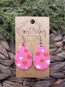 Genuine Leather Earrings - Valentine's Day - Leaf Cut Earrings - Heart - Pink and Red Hearts - Statement Earrings