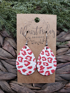 Genuine Leather Earrings - Teardrop - Pink - Red - Leopard - Animal Print - Valentine's Day - Textured Leather - Statement Earrings