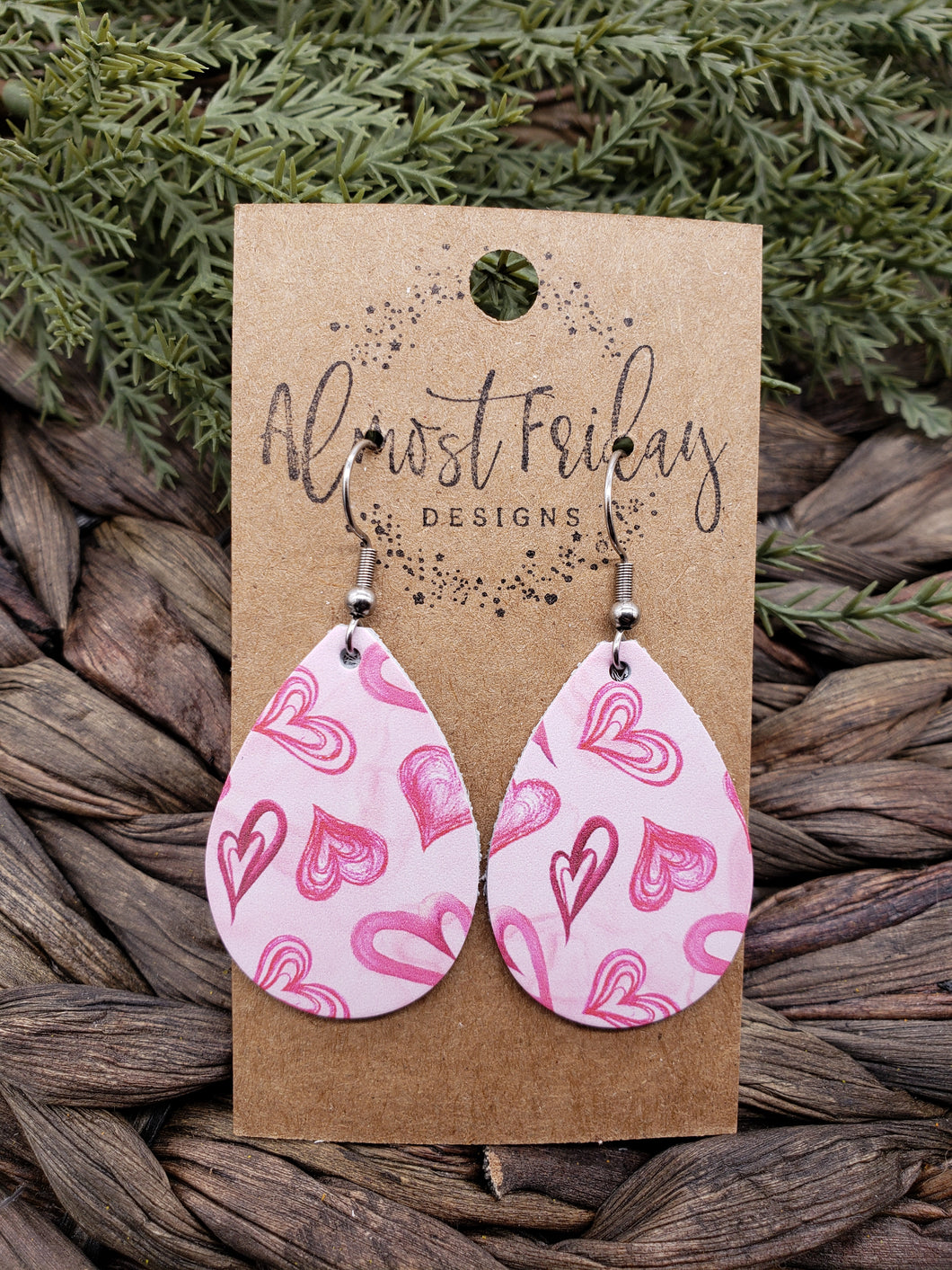 Genuine Leather Earrings - Valentine's Day - Teardrop Earrings - Heart - Pink and Red Hearts - Statement Earrings