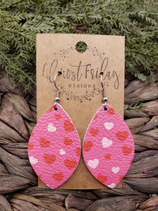 Genuine Leather Earrings - Valentine's Day - Teardrop Earrings - Heart - Pink and Red Hearts - Statement Earrings