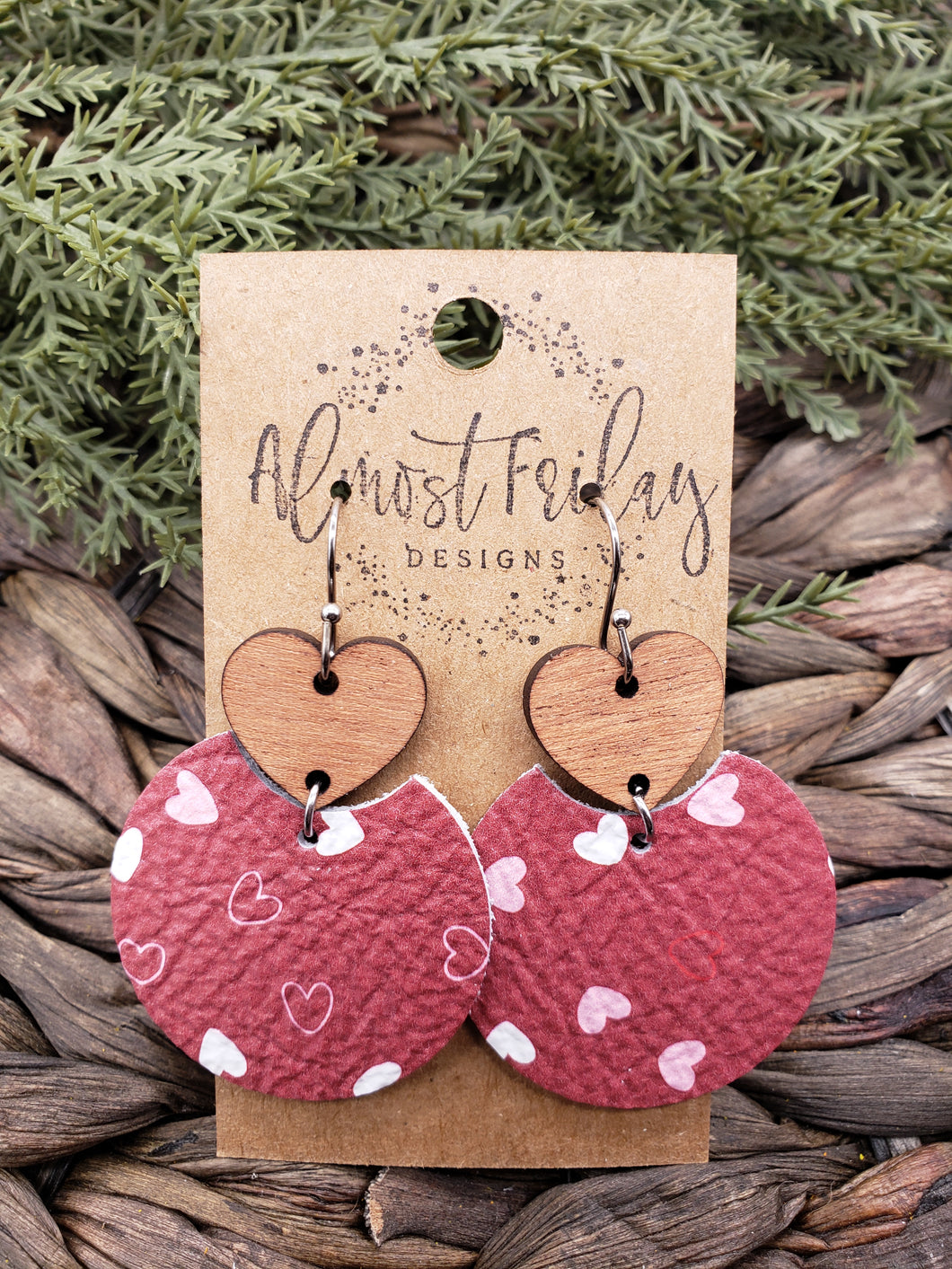 Genuine Leather Earrings - Circle - Valentine's Day - Red - Pink - White -Hearts - Wood - Statement Earrings - Textured Leather