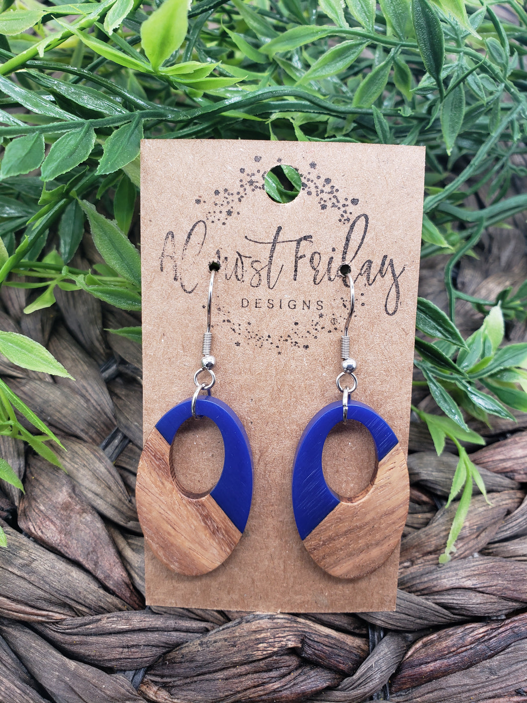 Wood Earrings - Oval - Resin - Statement Earrings - Blue - Navy - Indigo - Walnut