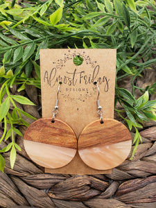 Wood Earrings - Circle - Resin - Statement Earrings - Round - Peach - Pearlescent - Walnut