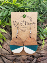Load image into Gallery viewer, Wood Earrings - Oval - Resin - Teal - White - Statement Earrings - Cut Out - Walnut
