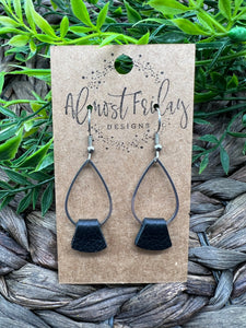 Genuine Leather Earrings - Teardrop - Black - Metal - Cuff - Leather Wrap - Statement Earrings - Neutral