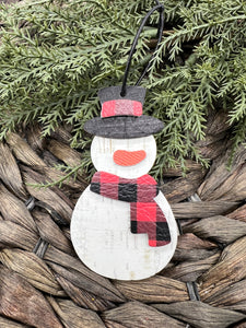 Genuine Leather - Snowman Ornament - Christmas - Buffalo Plaid - Buffalo Check - Red - Black - Iridescent - Christmas Tree Decoration