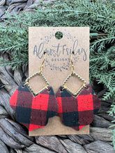 Load image into Gallery viewer, Genuine Leather Earrings - Metal - Scallop - Red - Black - Gold Earrings - Buffalo Check - Buffalo Plaid - Gold Flecks - Statement Earrings - Metal and Leather Earrings
