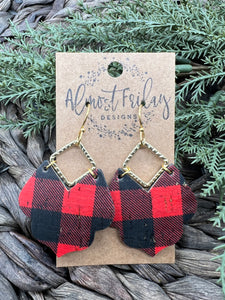 Genuine Leather Earrings - Metal - Scallop - Red - Black - Gold Earrings - Buffalo Check - Buffalo Plaid - Gold Flecks - Statement Earrings - Metal and Leather Earrings