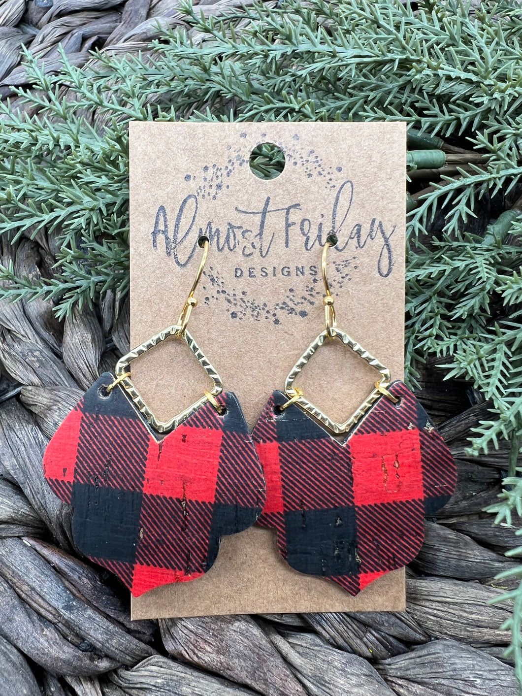 Genuine Leather Earrings - Metal - Scallop - Red - Black - Gold Earrings - Buffalo Check - Buffalo Plaid - Gold Flecks - Statement Earrings - Metal and Leather Earrings