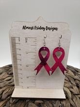 Load image into Gallery viewer, Genuine Leather Earrings - Metallic Leather - Hot Pink - Breast Cancer Ribbon - Breast Cancer Awareness Ribbon Earrings - Cancer Awareness - Pink Ribbon
