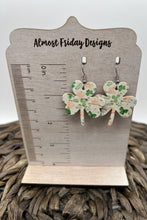 Load image into Gallery viewer, Genuine Leather Earrings - Shamrocks - Green - White - Gold - Three Leaf Clover - St. Patrick&#39;s Day - Glitter Earrings - Statement Earrings

