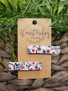 Genuine Leather Hair Clip - Floral Print - Spring - Pink - Green - Hair Accessory - Alligator Clip