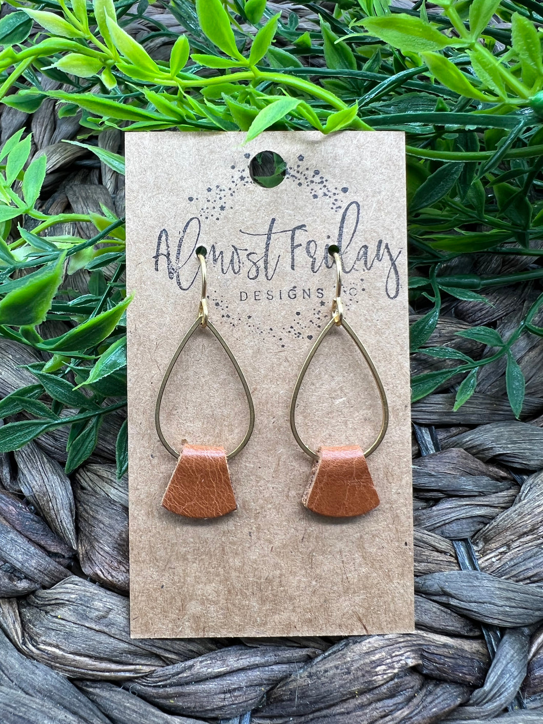 Genuine Leather Earrings - Teardrop - Brown - Metal - Cuff - Leather Wrap - Brunt Orange - Statement Earrings - Neutral