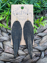 Load image into Gallery viewer, Genuine Leather Earrings - Feather - Feather Earrings - Black - Gold Glitter - Metallic - Statement Earrings - Fringe
