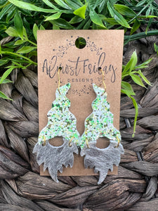 Genuine Leather Earrings - Saint Patrick's Day - Hair on Leather - Gnome Earrings - Green Earrings - Gold - White - Glitter - Three Leaf Clovers - Clovers - Shamrocks - Statement Earrings